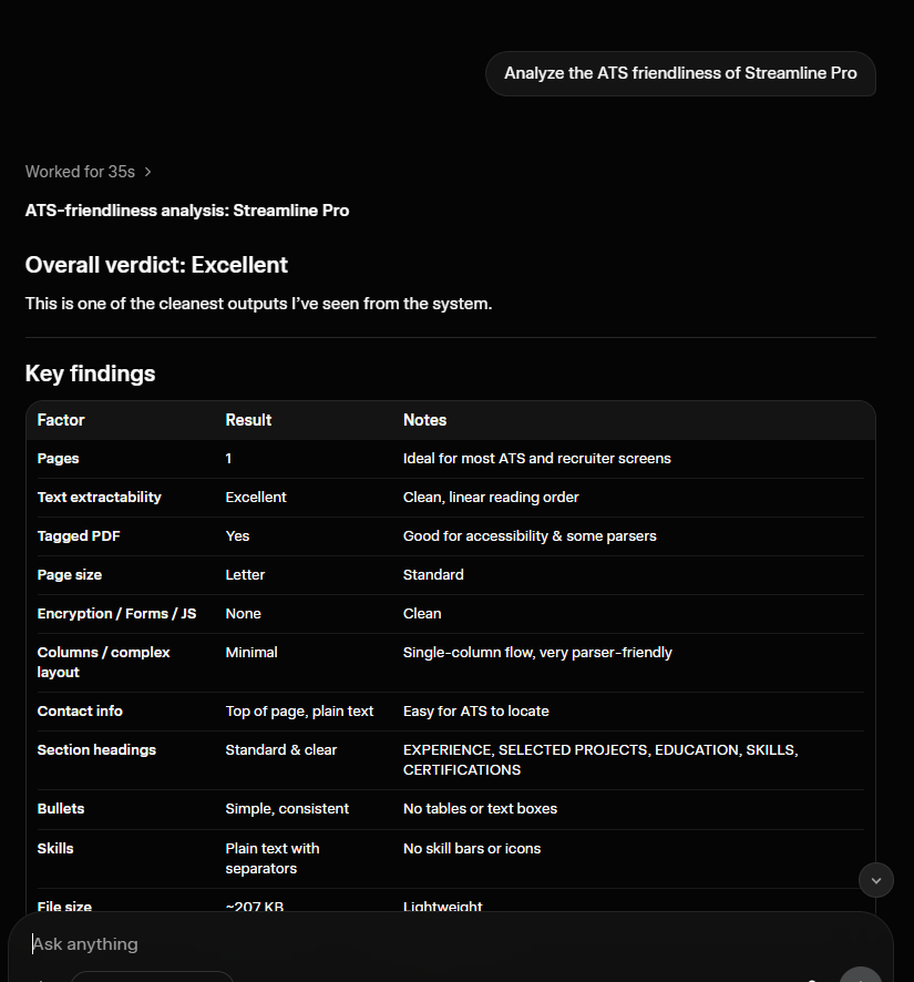 Grok ATS review rating the Streamline Pro PDF Excellent after inspecting its extracted text